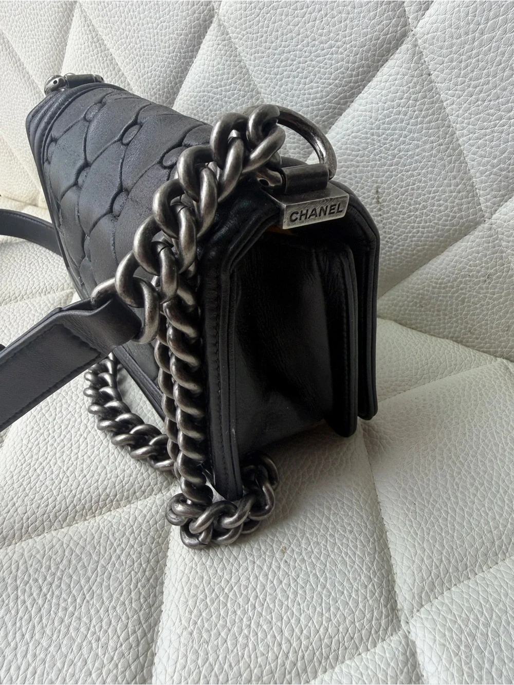 CHANEL Black Quilted Boy Crossbody Ruth hardware. Small boy.
